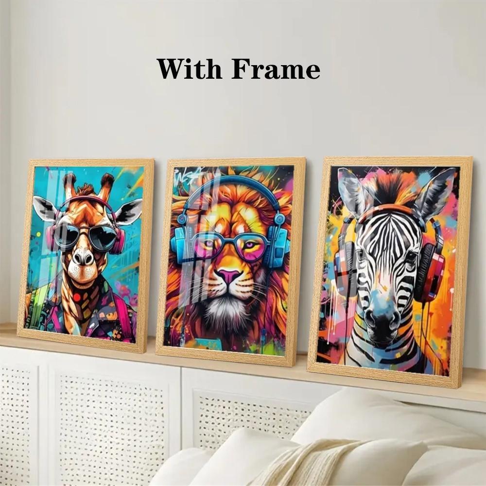 3 Pieces Optional Wooden Frame Cool Graffiti Gamer Headphone Animal Wall Poster Minimalist Wall Art Print Canvas Painting Wall Poster Living Room Home Decor Color Accurate Reproduction Hanging Painting Flat Anti-Wrinkle Art Canvas