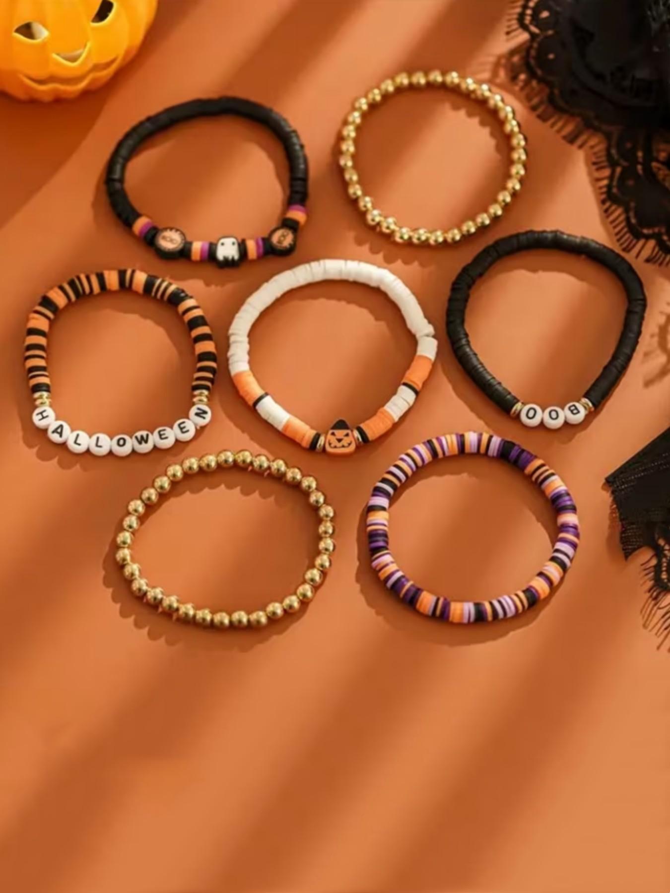 7pcs Halloween Themed Party Bracelets, Cool & Spicy Vintage Pumpkin Head Design, Polymer Clay Beaded Jewelry Set, Fashion Bracelet Sets, Perfect for Festive Events