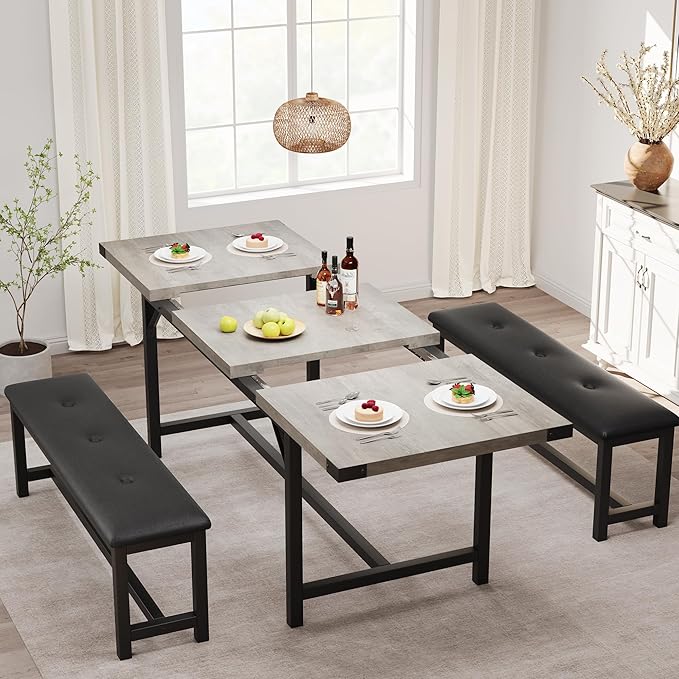 Dining Table Set for 4-6, 63" Extendable Dining Room Table Set With 2 Upholstered Benches, 3 Piece Large Rectangle Kitchen Table Set With Metal Frame for Apartment, Saving Space