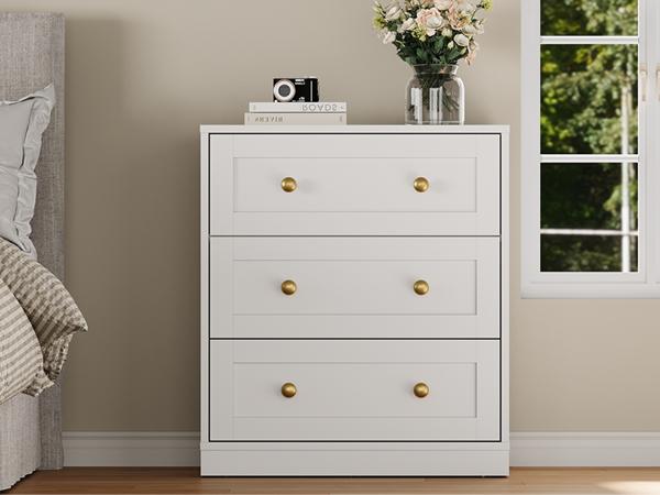 RoyalCraft 3 Drawer Dresser,Nightstand  with Golden Round Knobs, Large Bedside Table, Modern Wood End Table, Accent Side Table Chest of Drawers for Bedroom, Living Room, Hallway, Closet, White