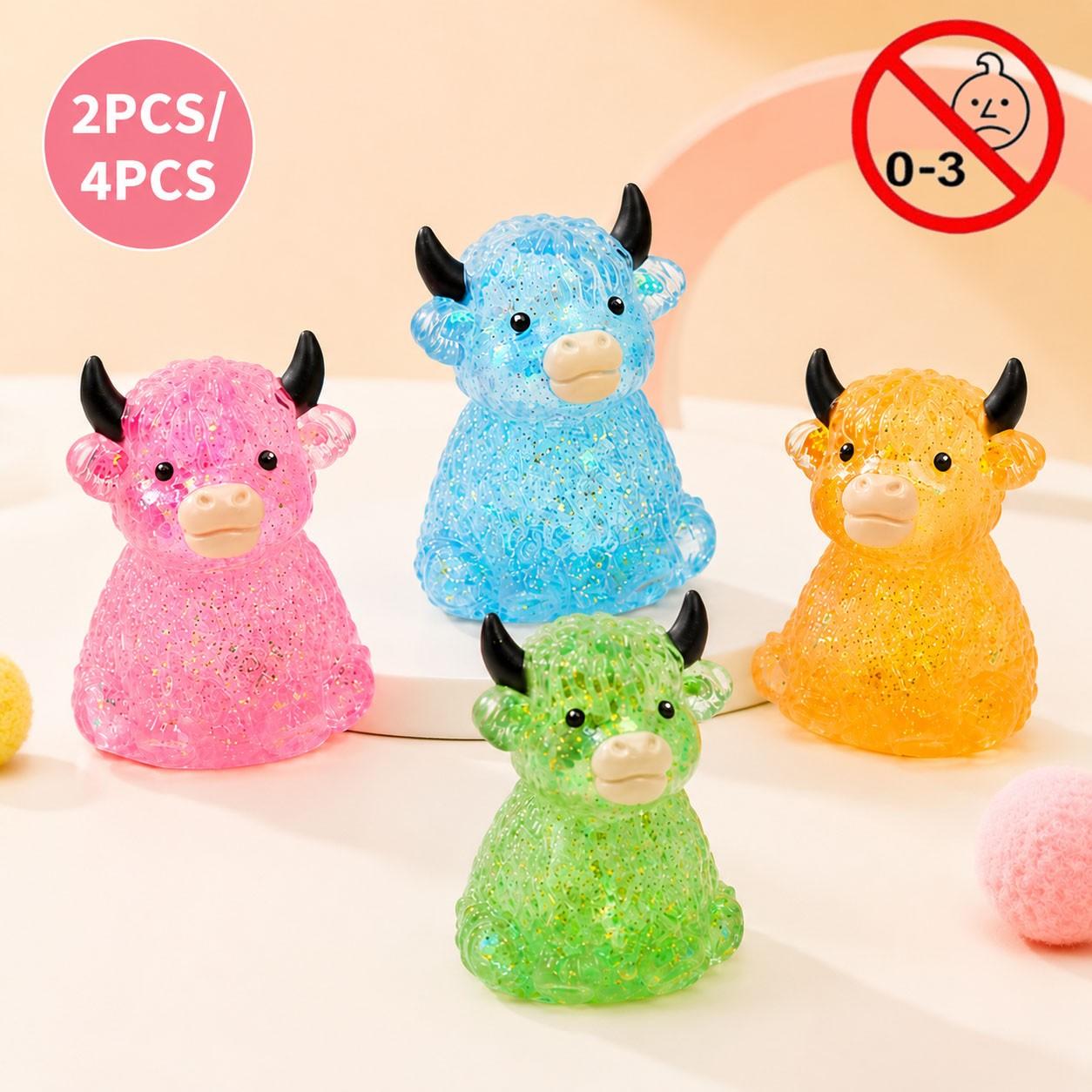 1/2/4 PCS Glitter Highland Cow Squishy Fidget Toy Soft Slow Rising Stress Relief Ball Sparkly Squeeze Sensory Toy For Teens Adults Cow Lovers Desk Relaxation Party Favor