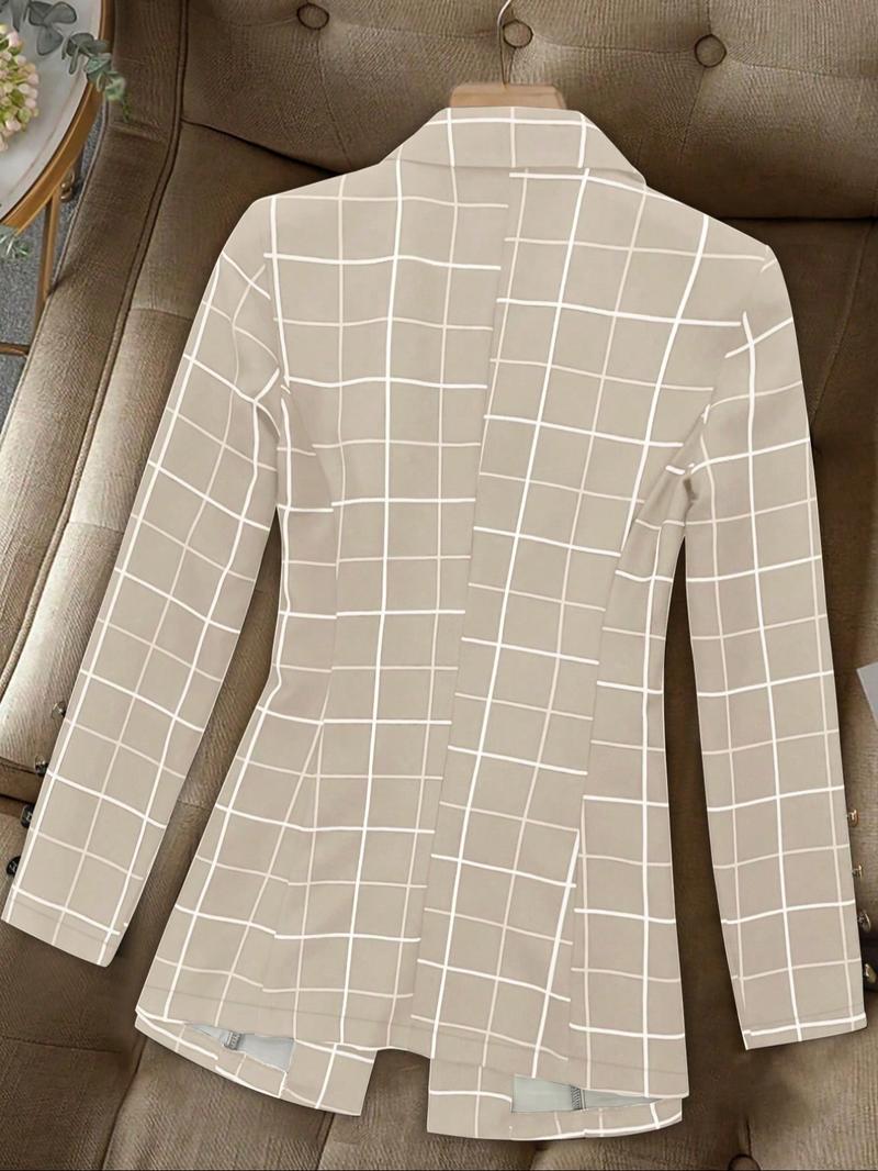 Women's Plaid Gold Button Casual Blazer Jacket, Elegant Simple Design, Office Party Autumn Winter Wear, Fitted Woven Fabric