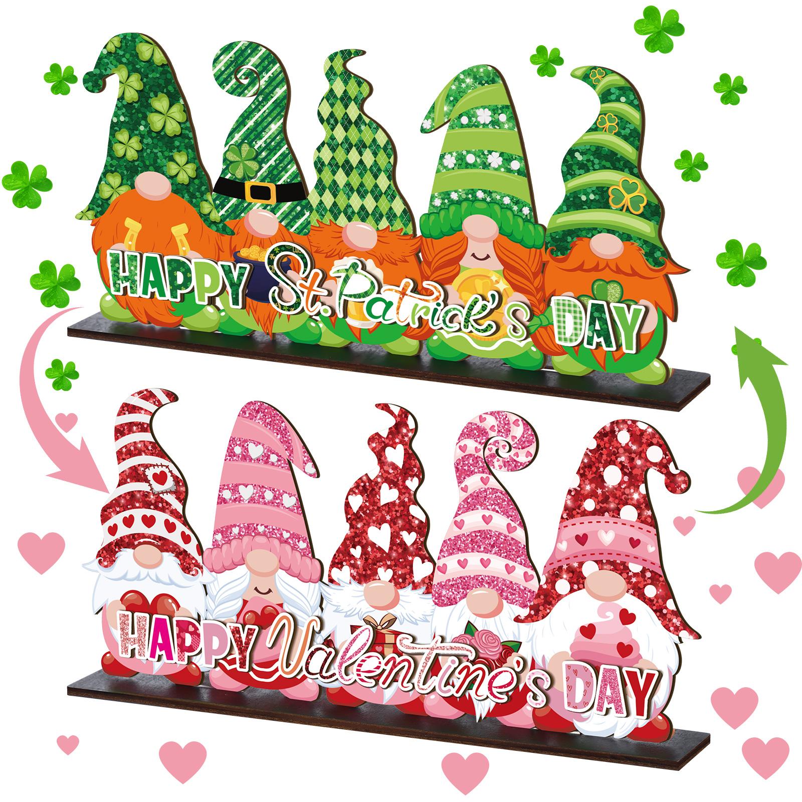 St. Patrick's Day & Valentine's Day Reversible Gnome Wood Signs, Double Sided Irish Theme Wooden Standing Blocks & Love Car Rose Truck Heart Decor, Table Centerpiece for Tiered Tray Farmhouse Kitchen, Ideal for Irish Families, Gnome Lovers & Couples Gift