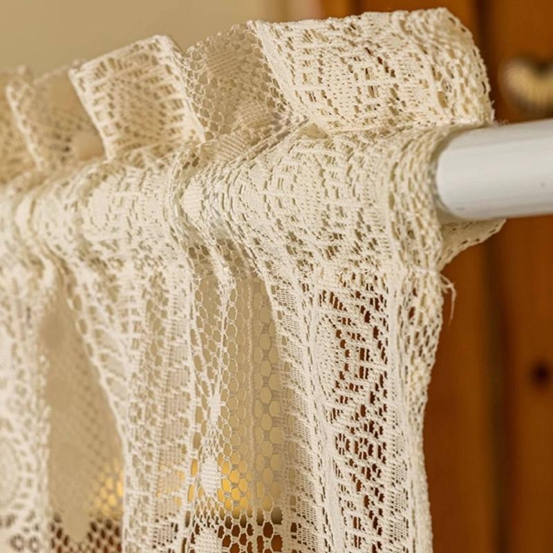 1pc Cotton Linen Curtain Half Light Blocking Vertical Striped Lace Fringe Rod Pocket, New Living Room Bedroom Cream French Vintage Style