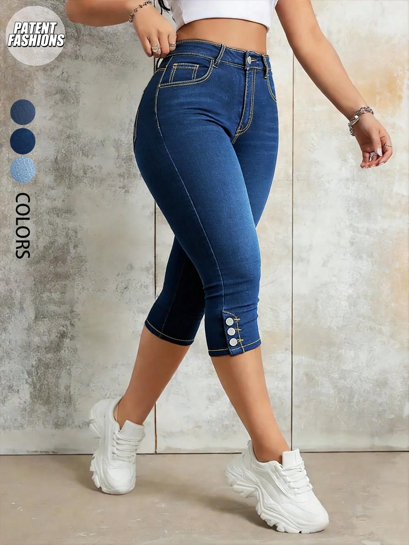 Women's Elastic Slim Fit Denim Capri Jeans, Button Fly Detail, Functional Pockets, Butt Lifting, Casual Daily Wear, Everyday, All Seasons