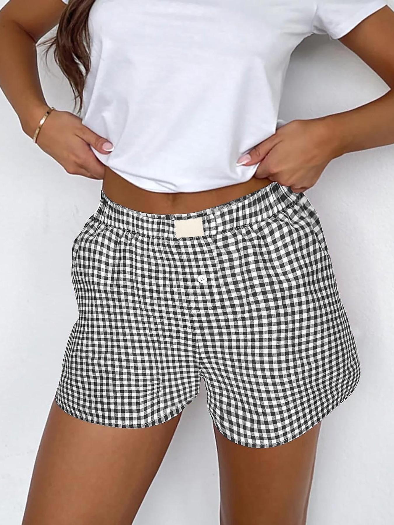 Pajama Bottoms Shorts For Women Elastic Boxer Shorts Streetwear Casual Summer Cotton Pajama Low Rise Pj Sleep Shorts Shorts Plaid Shorts Beach Sleepwear Bottoms