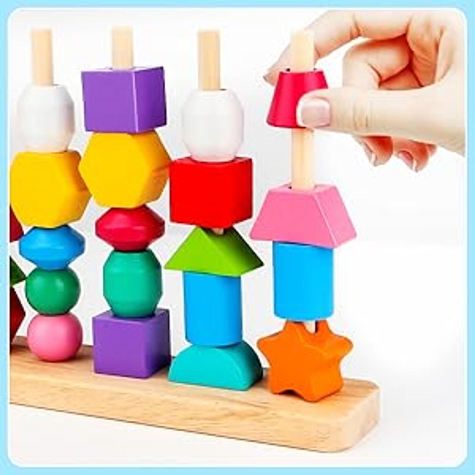 Montessori Wooden Beads Sequencing Toy Set, Stacking Blocks, Lacing Beads, Matching Shape Stacker for 2-5 Year Old STEM Preschool Learning Toys Gifts for Kids Boy Girl Toddlerfidget toys
