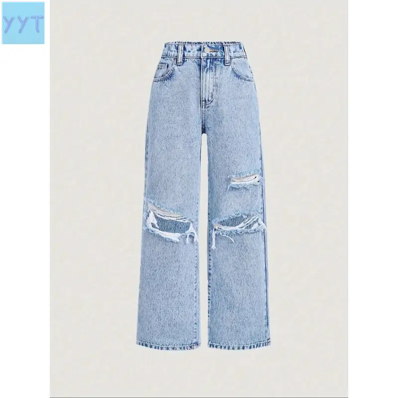 YYT1 Teenage Girls' Loose-Fit Ripped Woven Denim Wide-Leg Pants with Pockets - Medium Thickness, Casual Style, All-Seasons Comfort (Sports & Outdoor Accessories)