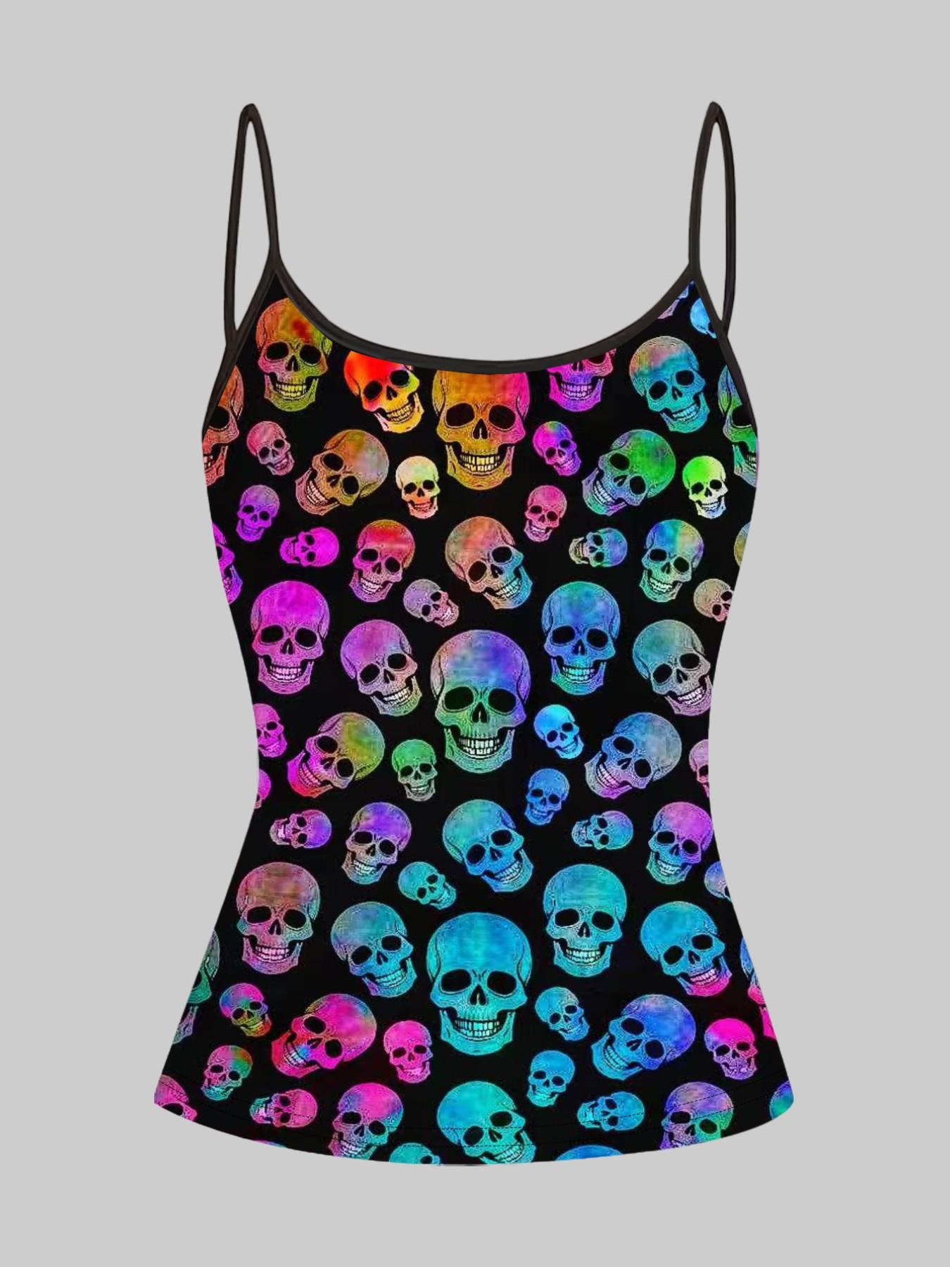 Vibrant Skull Octopus Print Strappy Top, Summer Home Sleepwear Outerwear, Unique Slim-Fit Shirt Set of Four Pieces