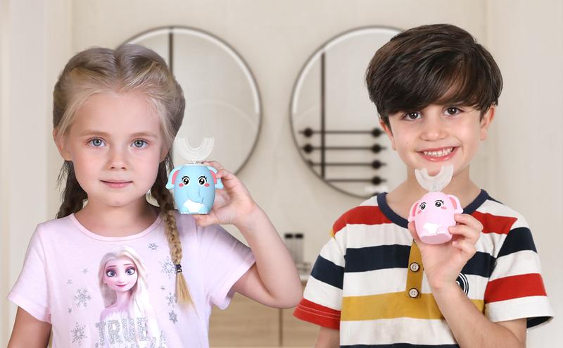 Kids Electric Toothbrush U Shaped auto brush Children Rechargeable Sonic Toothbrush Toddler baby toothbrushes kit travel toothbrush kids gift Oral Care Tools Dental Cleaner Blue Elephant (2-6 Years Old) Christmas gift