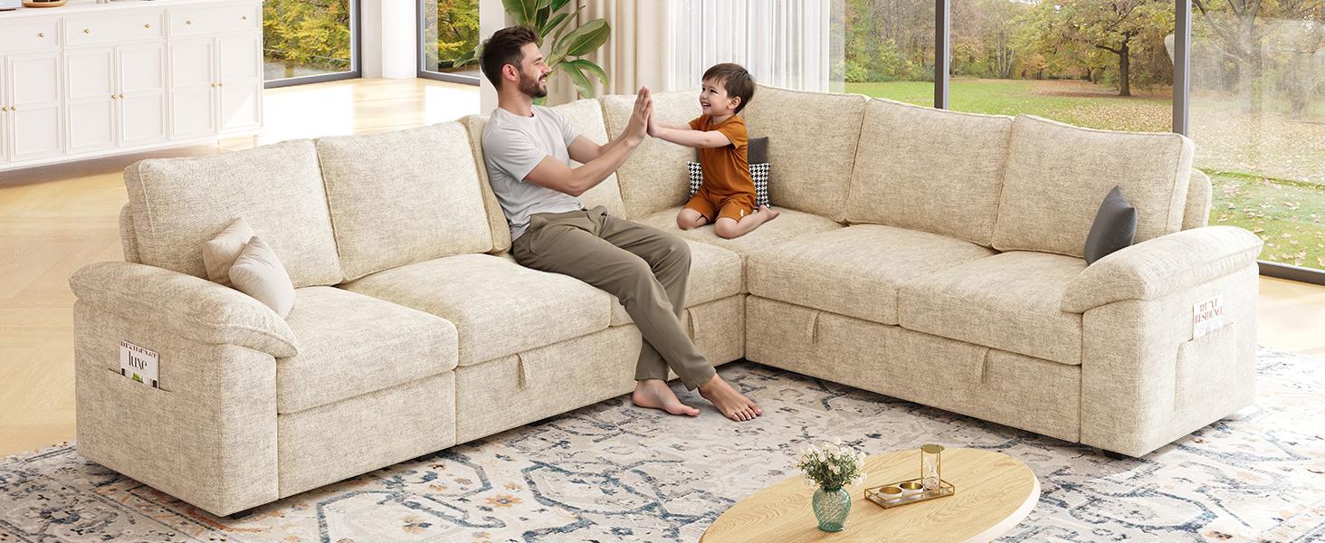 【4-5 Packages】108 Inch Sectional Sleeper Sofa with Pull Out Bed, U Shaped 5/7 Seat Modular Sectional Sofa with Storage, Sectional Couches for Living Room, Cloud Modular Couch, Removable Sofa Cover#daybed
