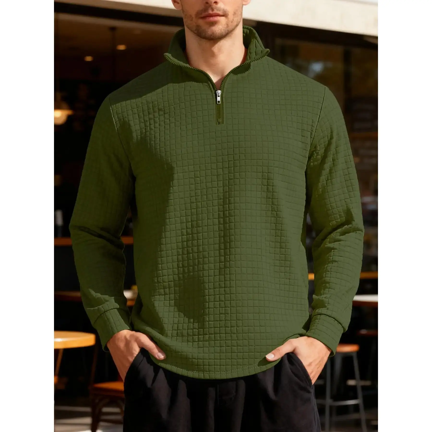 A men's solid color simple casual half-zip sweater, comfortable and skin-friendly fabric, small square pattern, exquisite and showing texture, a must- for men's daily wear.