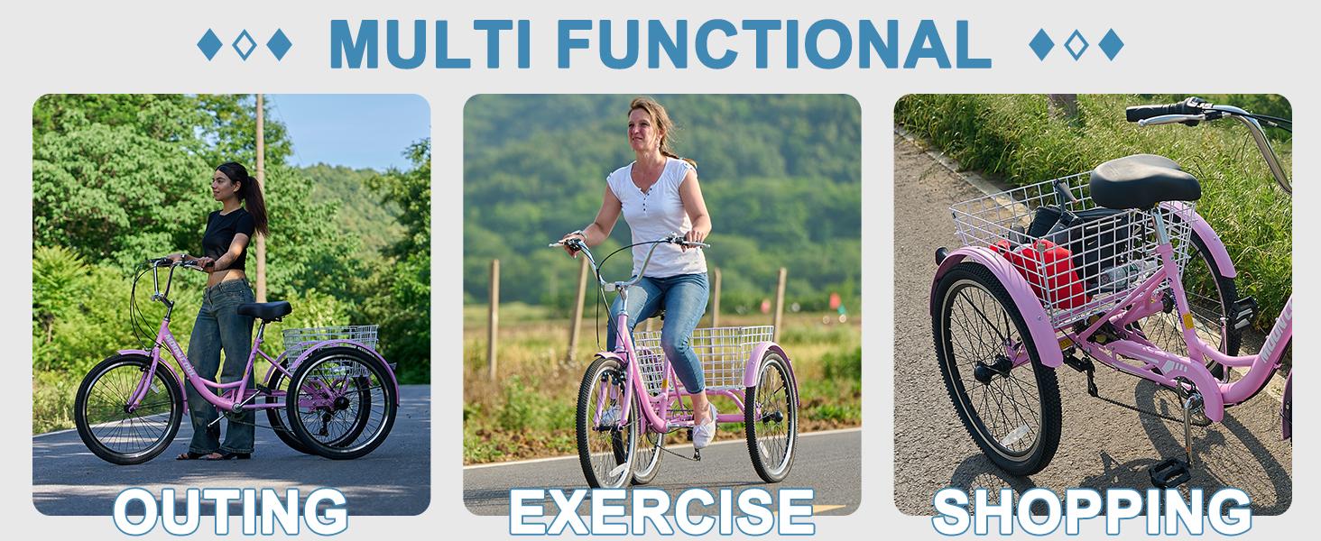 MOONCOOL Adult Tricycles 7 Speed 20/24/26 inch Three Wheel Bike Cruiser Trike with Low-Step Through Frame/Large Basket for Men, Women, Seniors