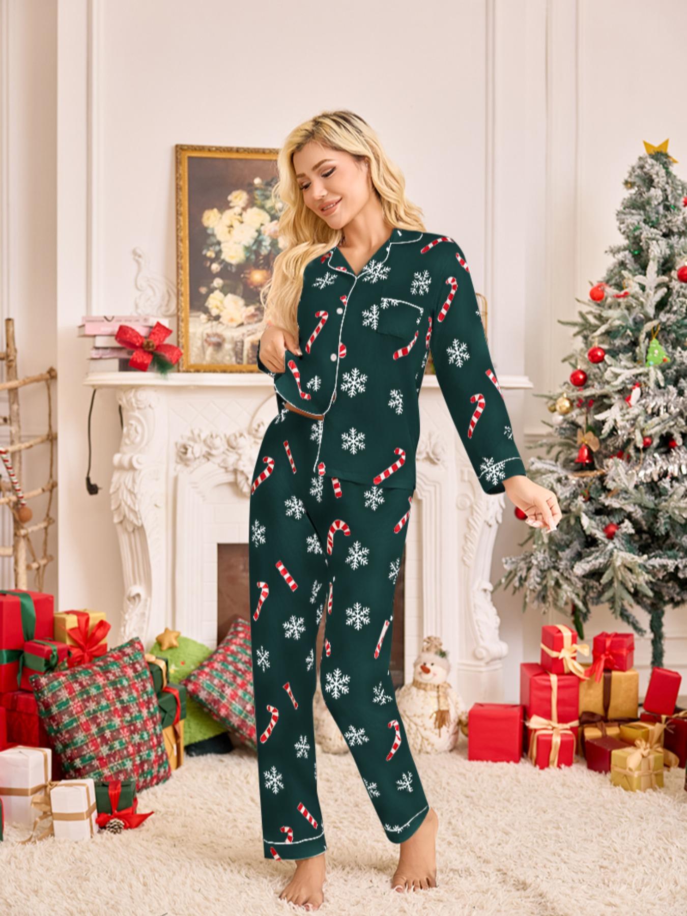 Women's Snowflake Cane Christmas Print Pajama Set, Long Sleeve Sleepwear, Comfortable Nightwear, All Seasons, Perfect Gift, Pyjamas, Pajamas Lounge Set