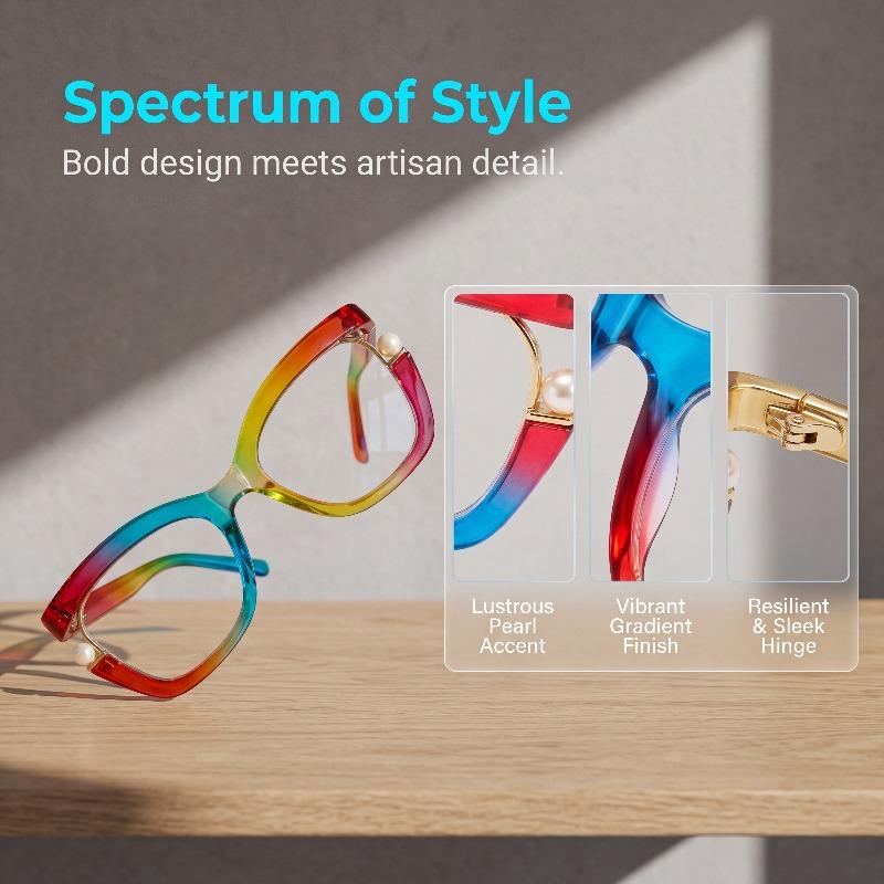 Stylish, oversized unisex glasses featuring a distinctive colorful cat-eye design, pearl accents, and a gradient frame. Equipped with metal hinges, they are ideal for computer use, reading, and everyday wear.
