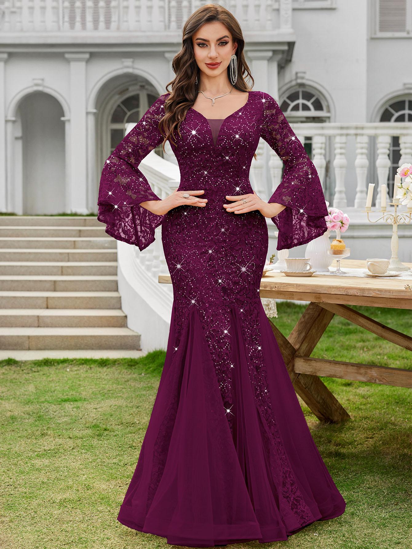 MIUSOL 24351A Women's Deep Vneck Sequin Lace Mesh Tulle Hem Long Sleeve  Formal Evening Maxi Dress for Cocktail Parties & Banquets, Party, Festival Womenswear