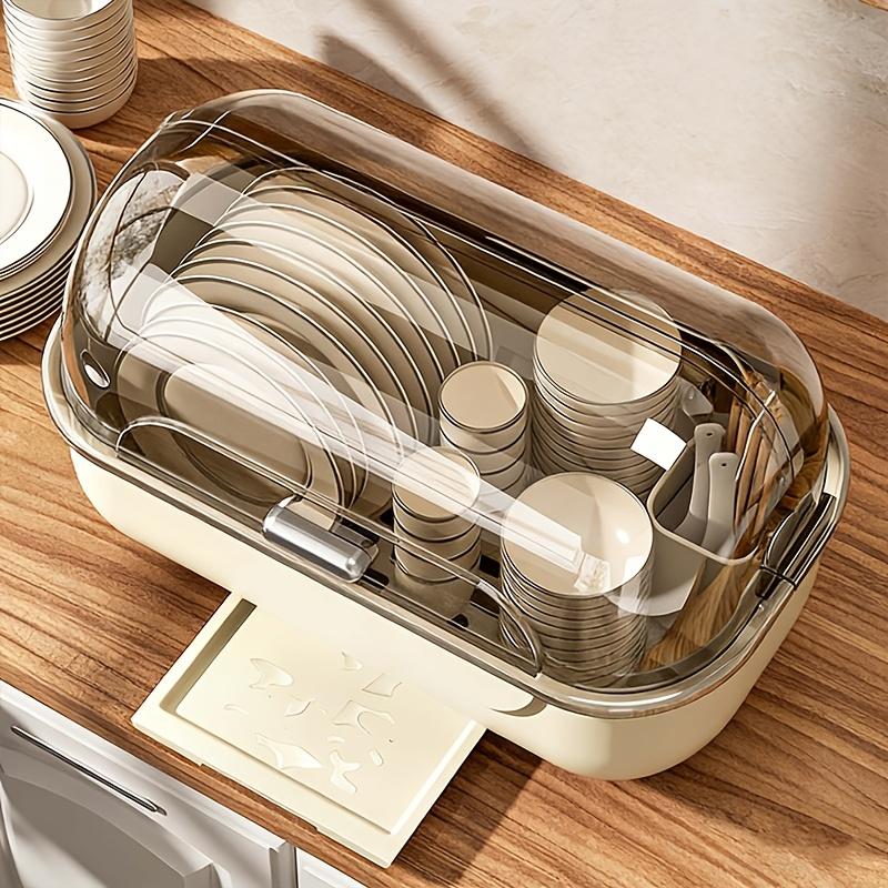 1 Piece Covered Drawer-Style Dish Rack with Water Draining Base. Multifunctional Dustproof Tableware Storage Cabinet, no standing water. Works on countertops and inside cabinets, perfect for kitchen bowl and plate storage.