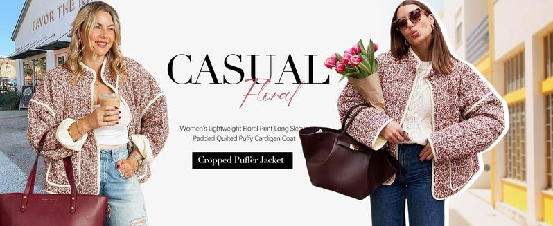 Yimoon Women's Cropped Puffer Jacket Lightweight Floral Print Long Sleeve Padded Quilted Puffy Cardigan Coat