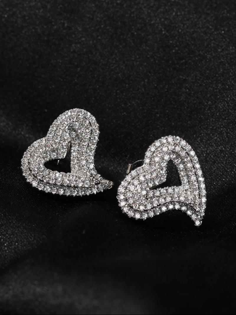 1 pair Silver - Tone Copper Twisted Heart Shaped Earrings: Pave - Set CZ, Cubic Zirconia, Chic Asymmetric Design for Daily Glam & Date Nights