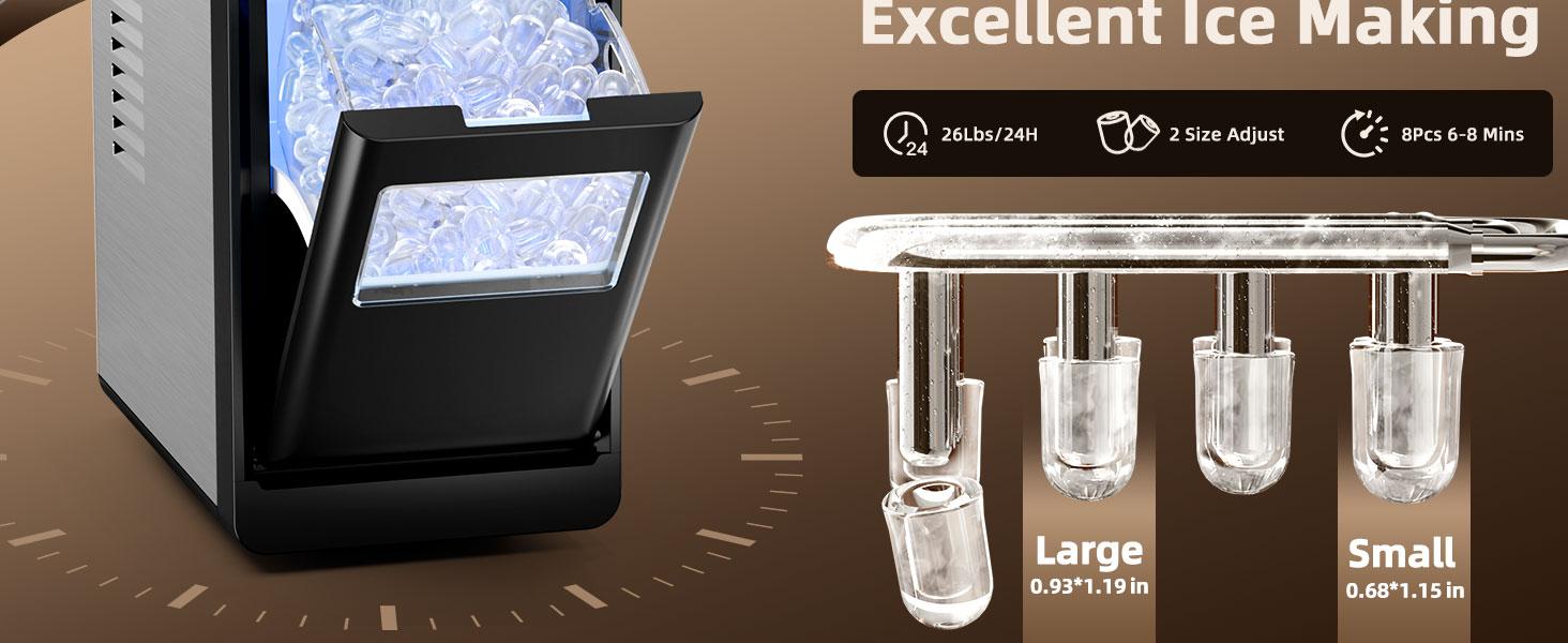 Antarctic Star Countertop Ice Maker with LED control, Selectable S/L Ice Size, 26.5 lbs/24Hrs, 8 Ice Cubes in 6 Mins, Auto-Cleaning, Portable with Ice Basket & Scoop for Home/Kitchen/Camping/RV