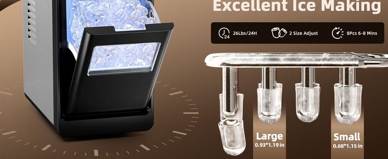 Antarctic Star Countertop Ice Maker with LED control, Selectable S/L Ice Size, 26.5 lbs/24Hrs, 8 Ice Cubes in 6 Mins, Auto-Cleaning, Portable with Ice Basket & Scoop for Home/Kitchen/Camping/RV