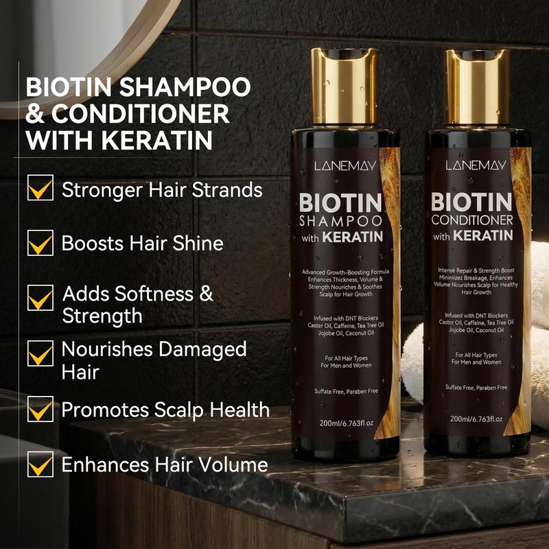 200ml+200ml Biotin Shampoo & Conditioner Set with Keratin - DHT Blockers & Caffeine Formula - Advanced Growth Boosting & Thickness Enhancement - Sulfate Paraben Free Hair Care