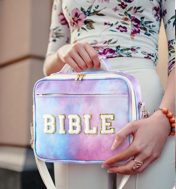 Valentine Gift Bible Bag for Women, Floral Bible Bag 12x9x2.5In Large Chenille Letter Bible Cover PU Leather Bible Case with Tabs Colored Pen Highlighters Tote Bag with Shoulder Strap, Bible Journaling kit for Church Christian Girls,Sunday Prayer Supplies