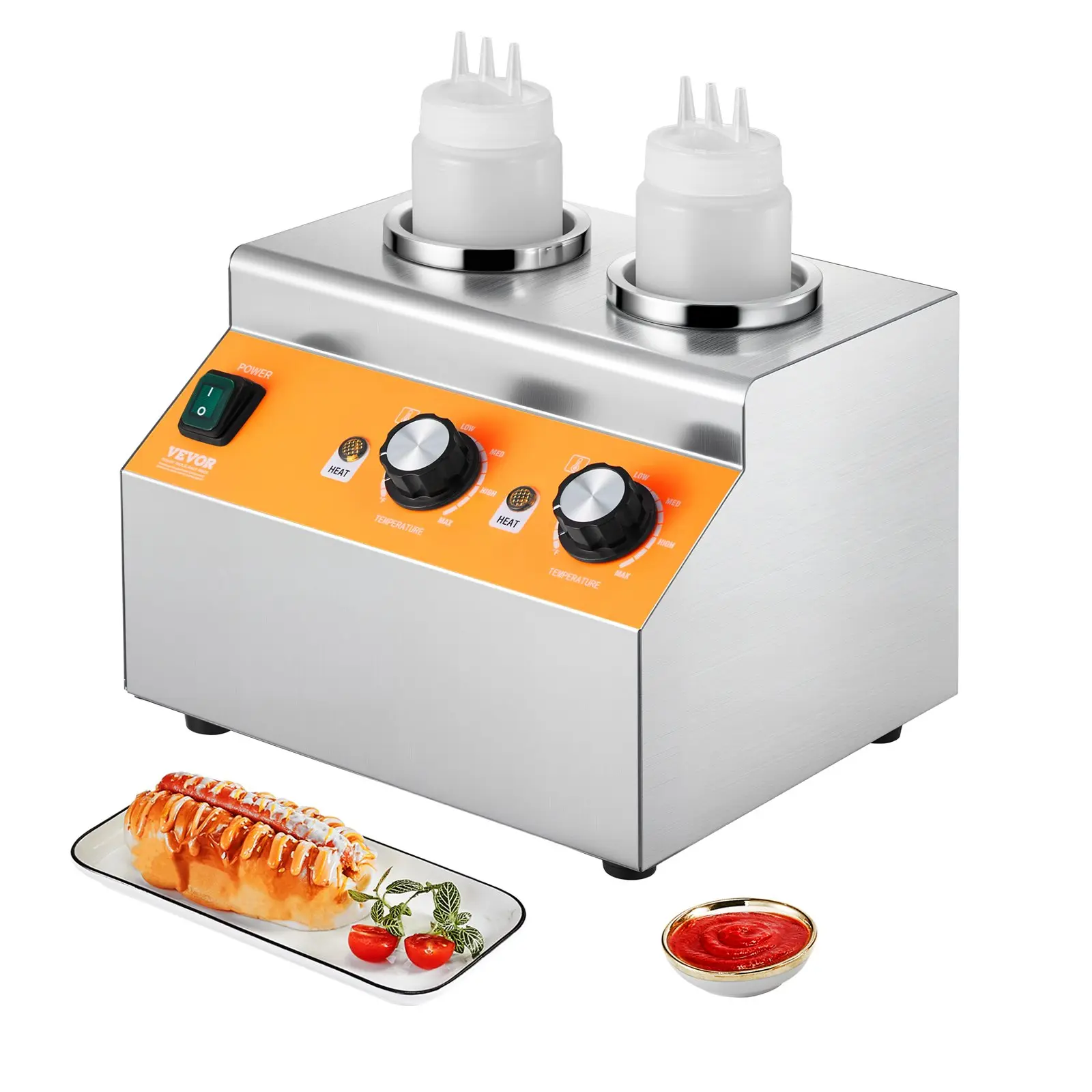 VEVOR Electric Bottle Warmer with Bottles, 0.8x2 LCommercial Cheese Dispenser, Hot Fudge Warmer 86-185 Temp Adjustable, Plastic Double Bottles Nacho Cheese Warmer, for Hot Fudge Cheese Caramel