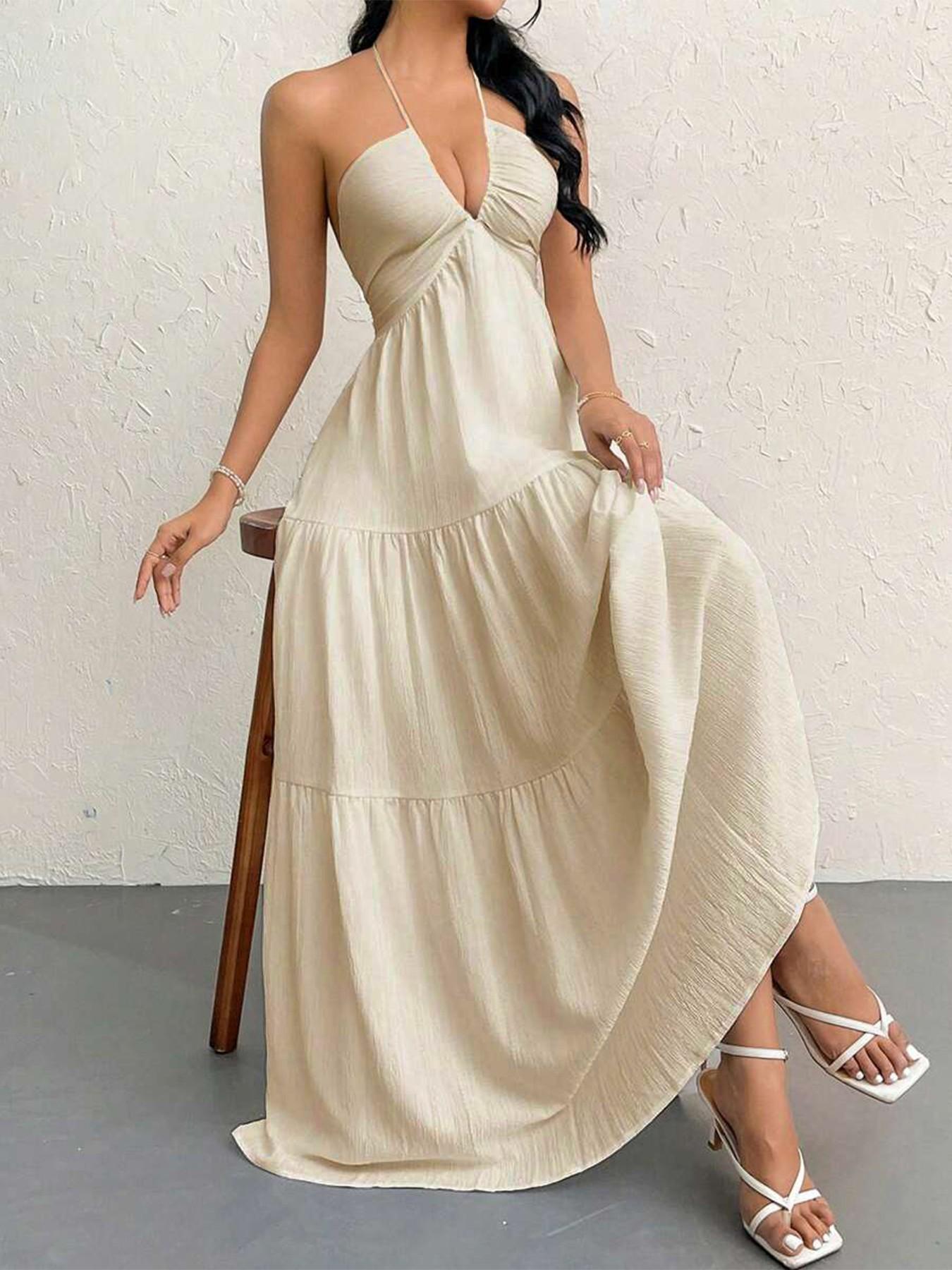 Women Halter V Neck Maxi Dress, Ruched Bust Empire Waist, Tiered Flowy Long Dress, Sleeveless Spaghetti Strap, Beach Vacation Sundress, Casual, Elegance