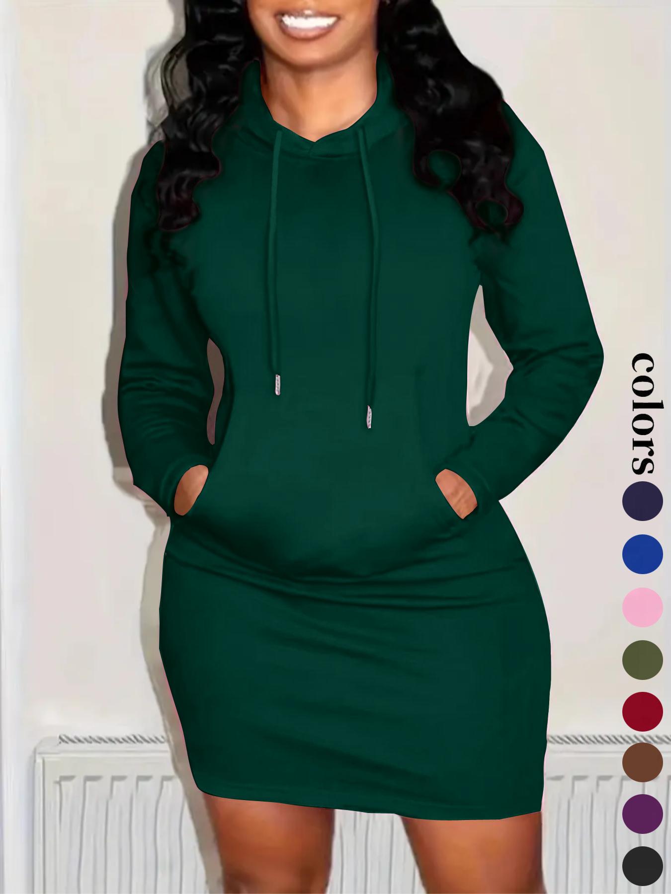 Women's Solid Drawstring Hooded Sweatshirt Dress, Casual Long Sleeve Pocket Dress for Fall & Winter, Ladies Clothes for Daily Wear, Womenswear, Fabric