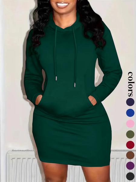 Women's Solid Drawstring Hooded Sweatshirt Dress, Casual Long Sleeve Pocket Dress for Fall & Winter, Ladies Clothes for Daily Wear, Womenswear
