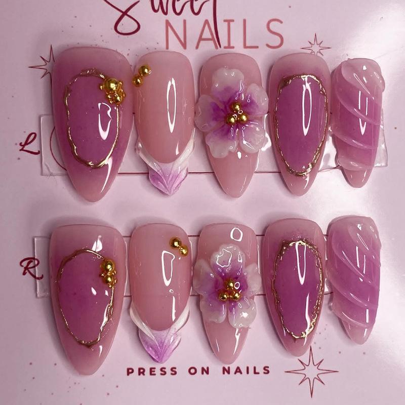 24Pcs Mid-length Gilded Almond Nails Set Press on 3D Flower Gradient Pink Full Cover False Nails Tips Pearl Reusable Fake Nails
