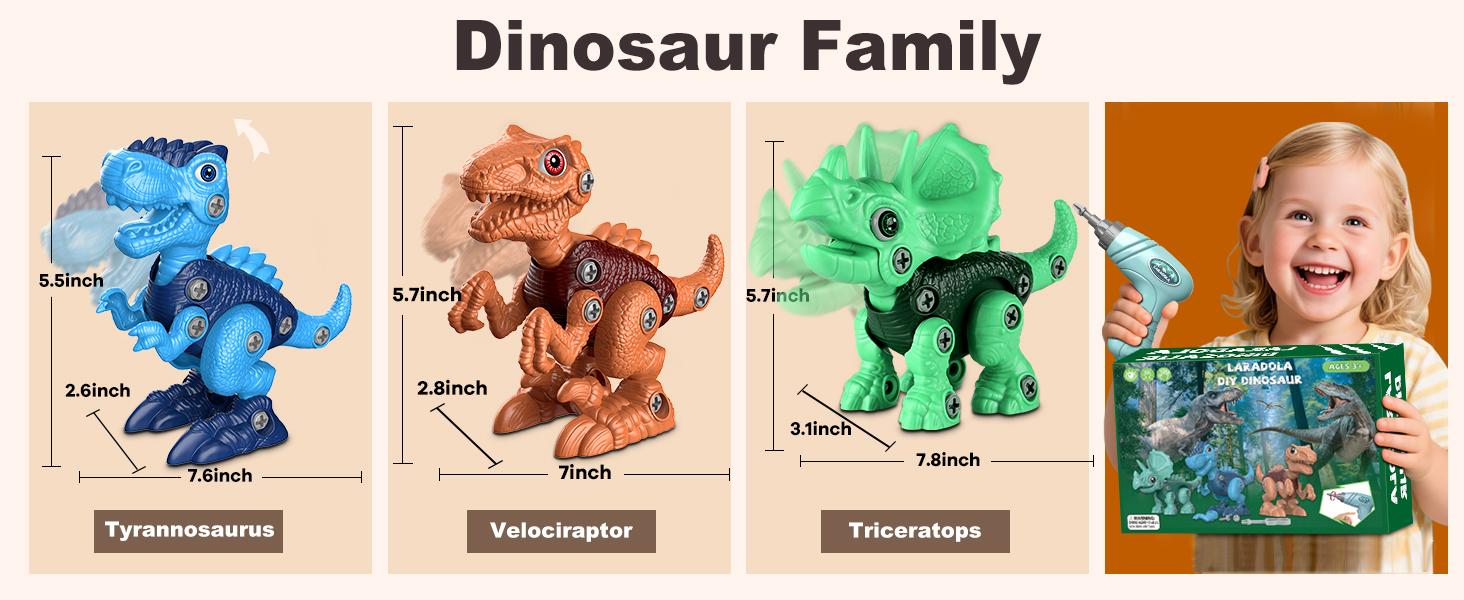Laradola 3 PCS Dinosaurs STEM Toy Gift for Kids with Box & Electric Drill Kit, Take Apart Assemble Dinos figure Playset- Construction Educational Animal Toys Christmas Birthday Party Gift for Boys & Girls