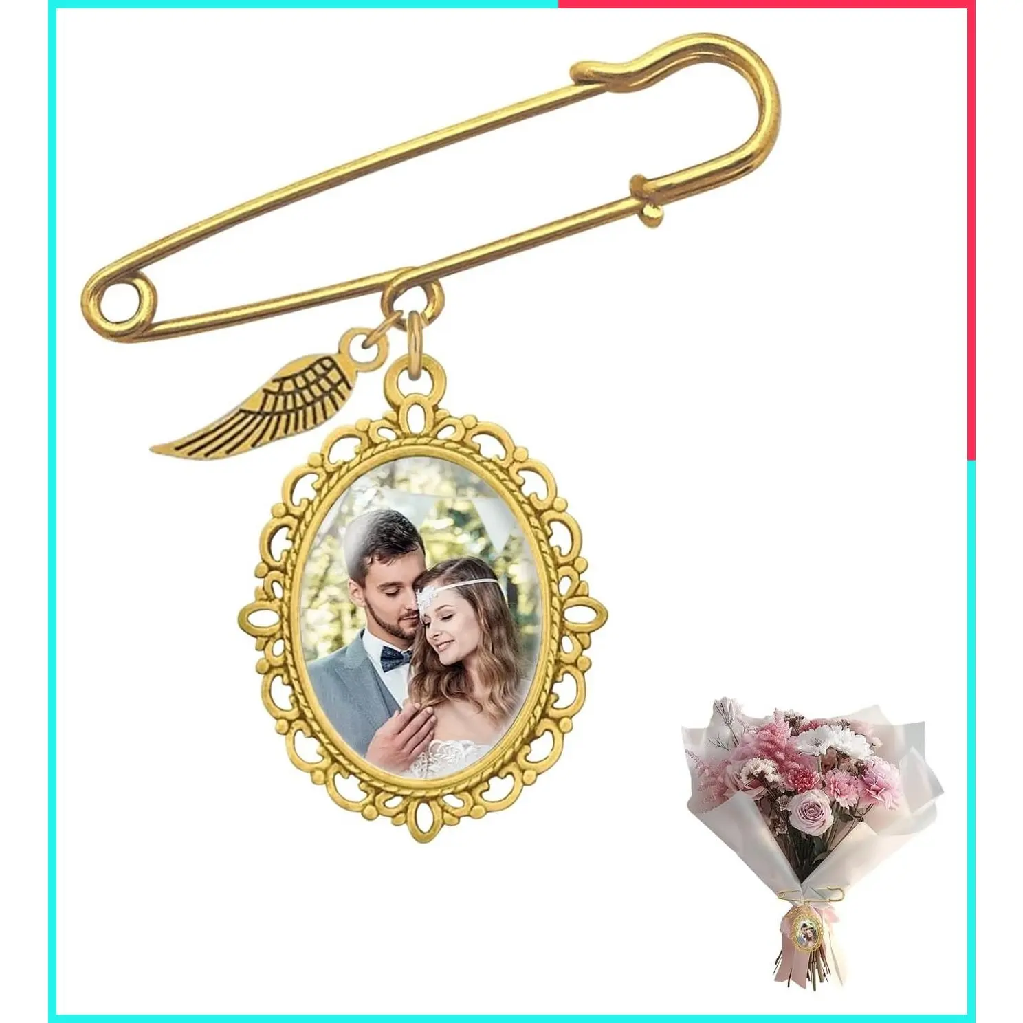 Custom Photo Charm Memorial Bouquet Pin for Wedding Bridal Graduation Decoration, In Memory of Passed Loved Ones, Gold