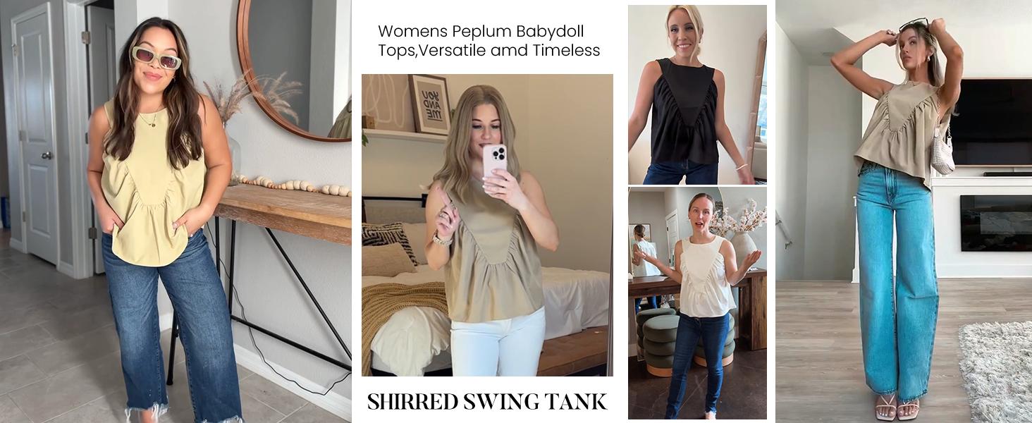 Womens Sleeveless Peplum Top Swing Tank Loose Fit Back Button Casual Blouse Ruffled Shirts Stretchy Lightweight