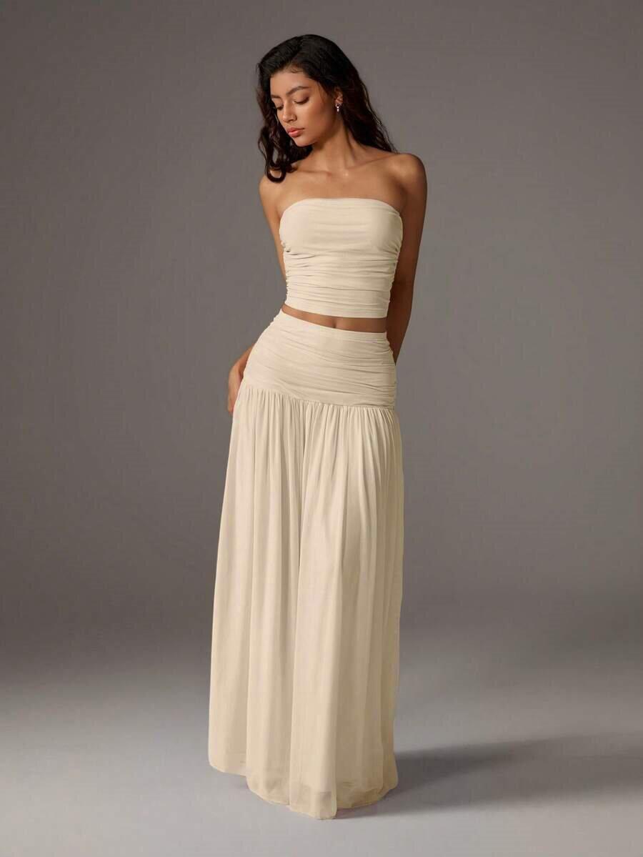 Women's Mesh Solid Color Halter Top Sleeveless and Long Dress Two-Piece Set, Breathable Summer Outfit, Elegant and Comfortable for Daily Wear, Neck Top Set