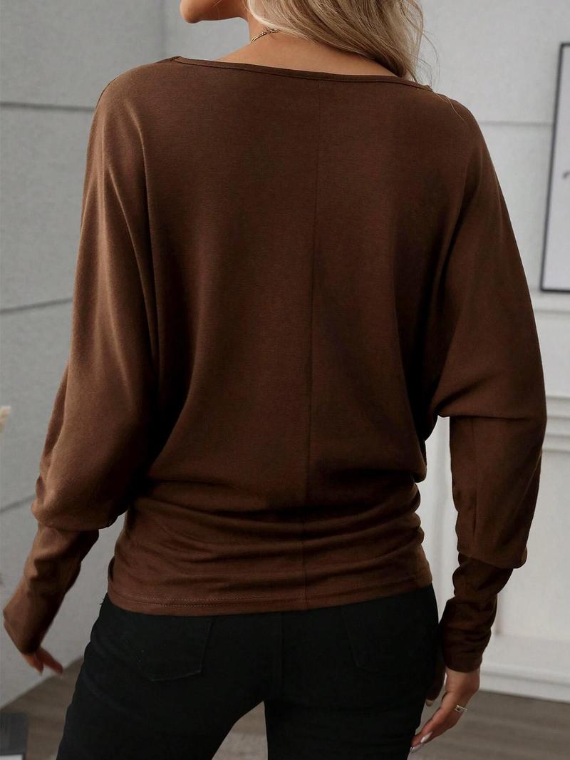 Women's Batwing Sleeve Solid Color T-Shirt, Stretchy Long Sleeve Top, Casual Fashionable Top, Warm Base Layer, Perfect for Everyday Wear & Parties