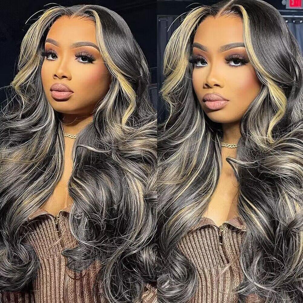 QUANDIAN 13x6 Body Wave Highlight Ombre Lace Front Wig Human Hair HD Lace Front Wigs Human Hair 200 Density P4/27 Colored Honey Blonde Wig Springtok