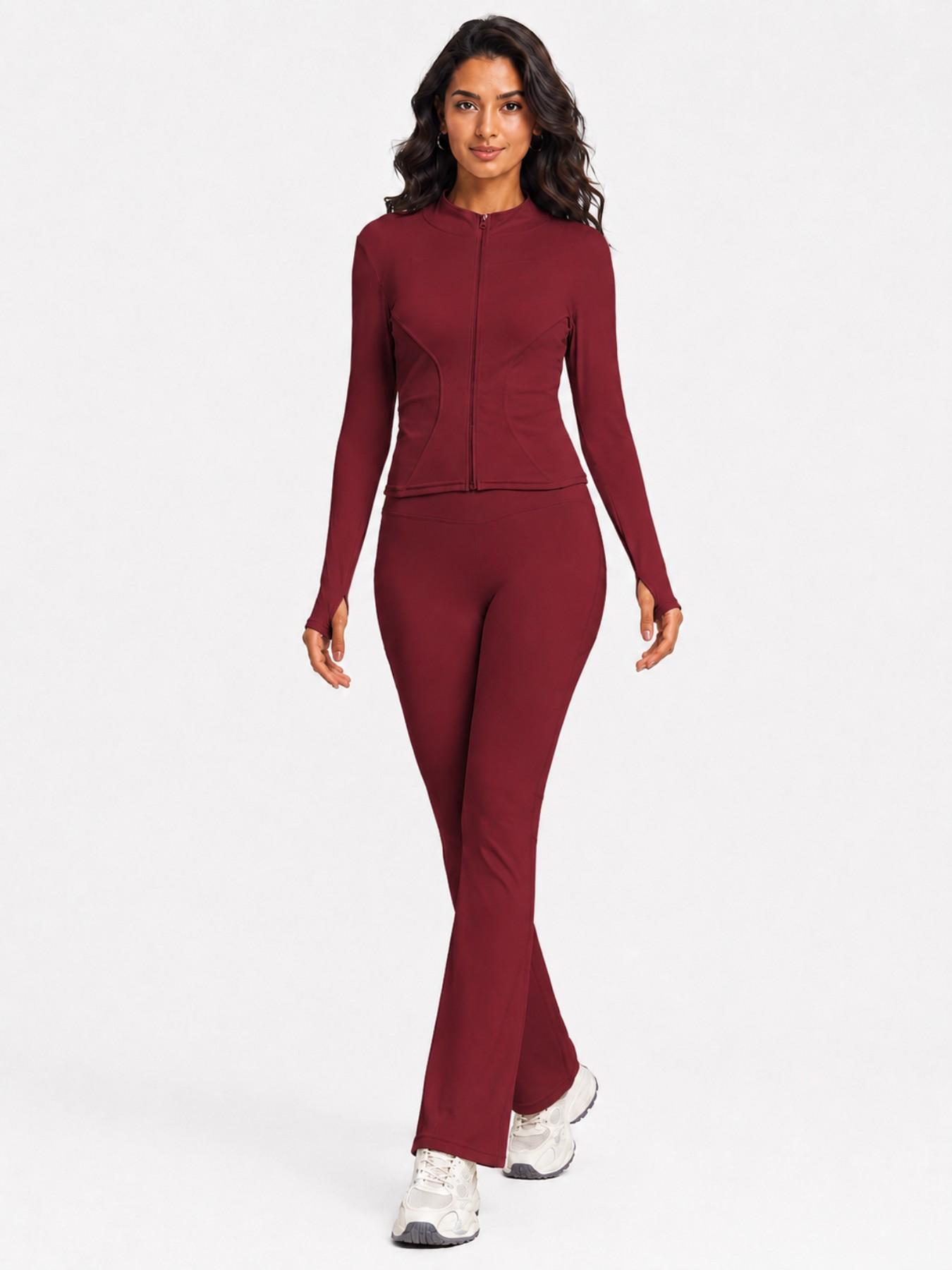 Women's Sport Set 2 Piece Outfits, Slim Fit High Stretch Activewear Running Zip Up Jacket and High Waist Flared Yoga Pants Tracksuit with Pockets Sportswear Set Athletic Clothes Set