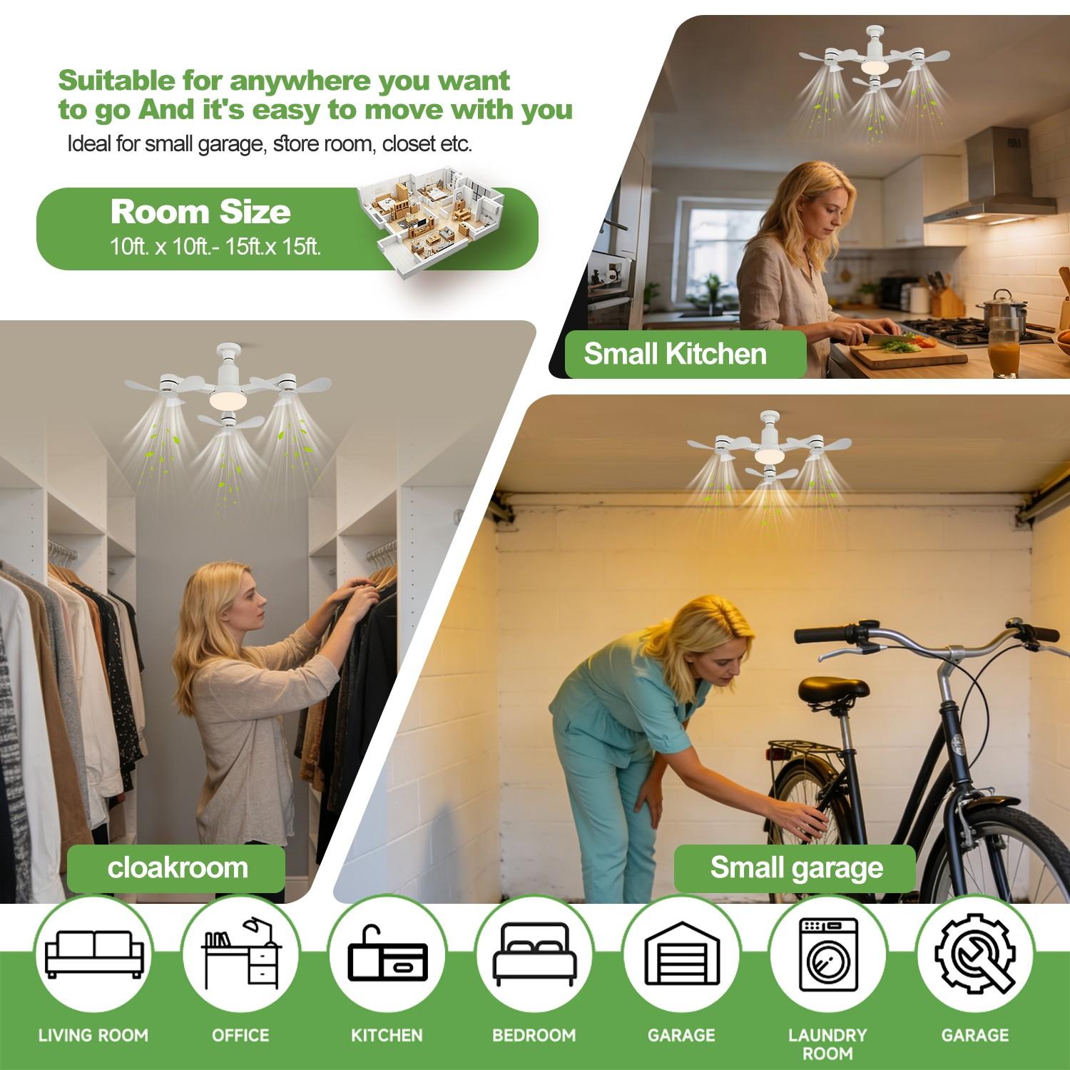 Ceiling Fan Light, E27 Socket, 3 Heads 9 Blades, Remote Control, Adjustable Brightness 3000k-6000k, 3 Speeds with Memory, Energy Saving