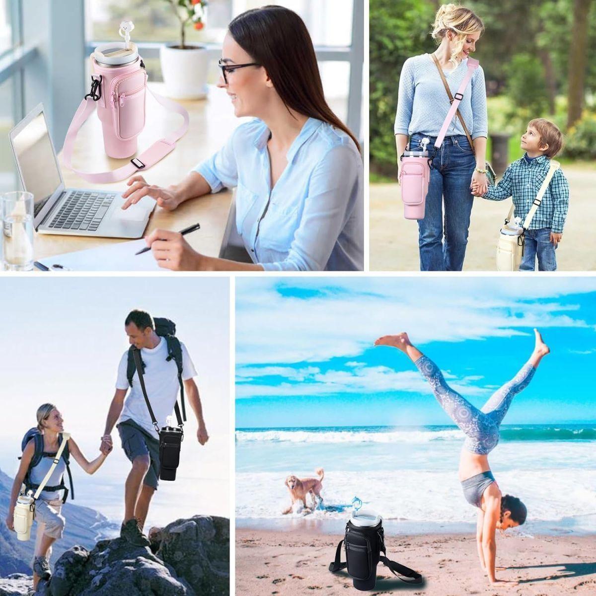 Water Bottle Carrier Bag with Phone Pocket for Stanley Cup 40 Oz, Adjustable Strap, Portable Drinkware Accessory