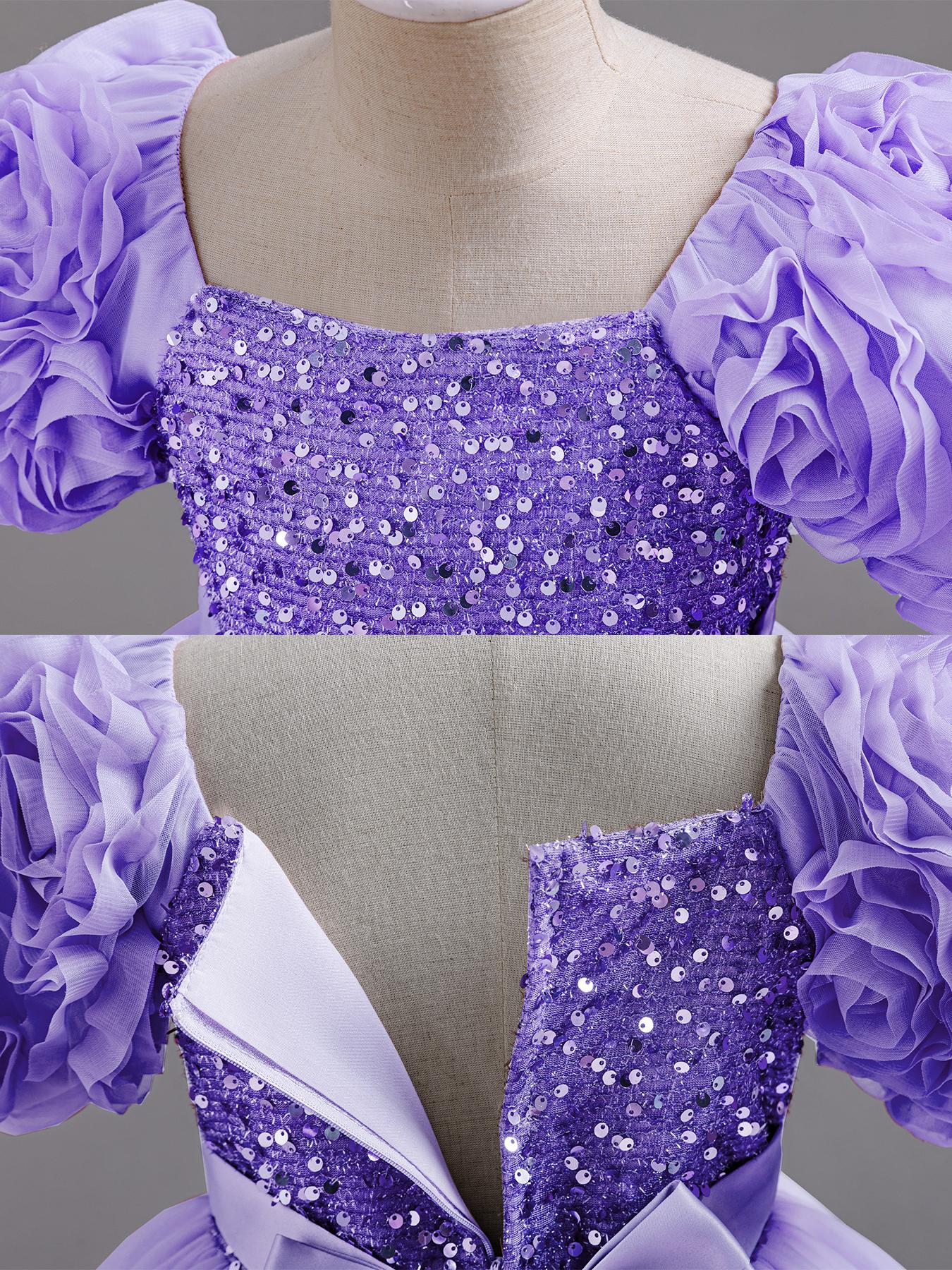 Girls Short Sleeve Party Dress Floral Embroidery Puffy Tulle Bow Flower Girl Princess Gown