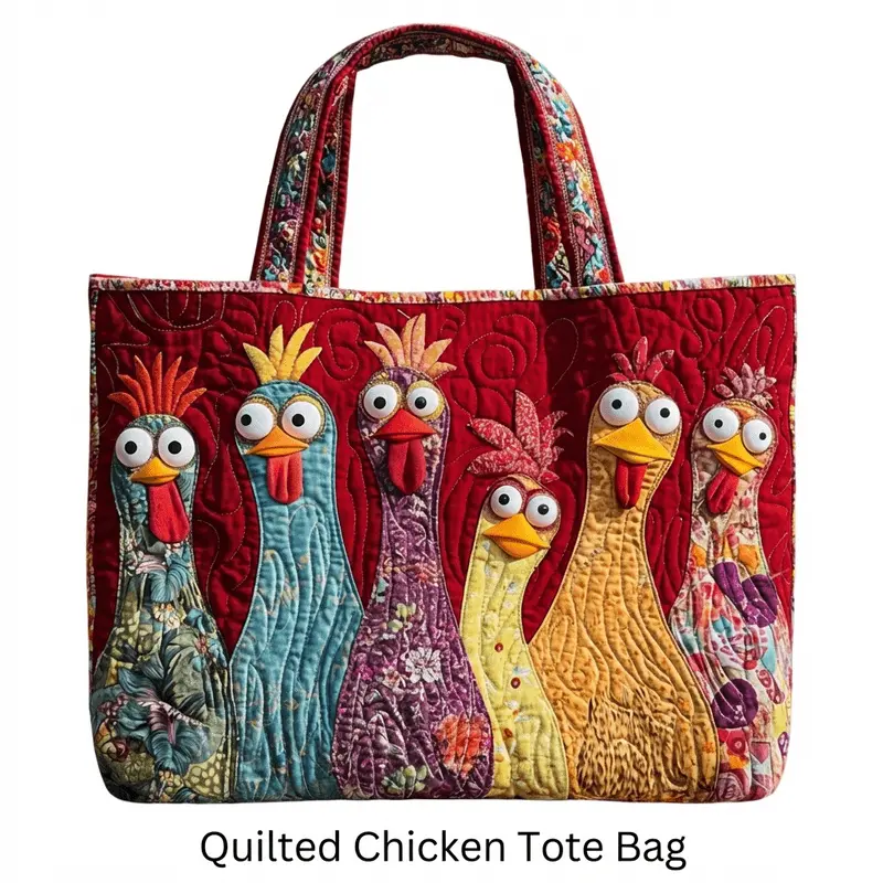 Quilted Cute Colorful Farm Chick Patchwork Print Tote Bag, Large Capacity Fashionable Shoulder Handbag, Suitable for Daily Travel, Reusable Shopping Bag for Outdoor Scenarios, Lightweight and Portable, Machine Washable Casual Women's Handbag