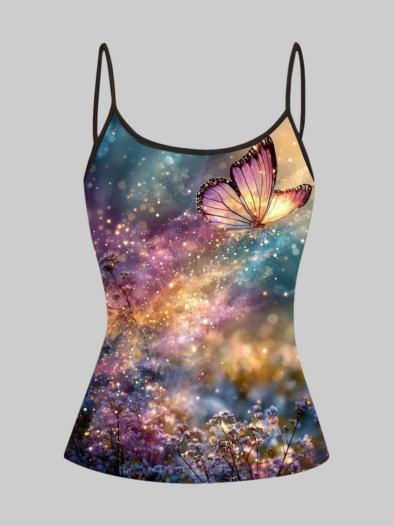 Dreamy Butterfly Note Print Straps, Summer Home Sleepwear Outer Wear, Unique Slim-Fitting Top, Four-Piece Set, Casual Style