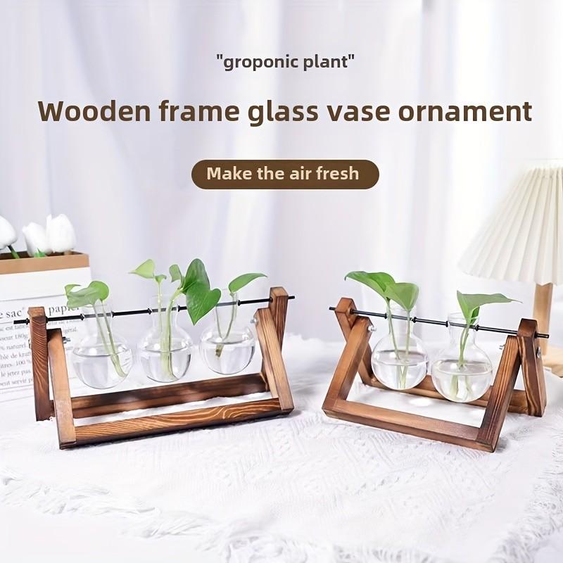 3 Pcs Vase Set, Solid Wood Frame with Glass Vases, Creative Wooden Rack for Spider Plants, Aquatic Plant Decor, Office Desk Decoration, Gift for Friends