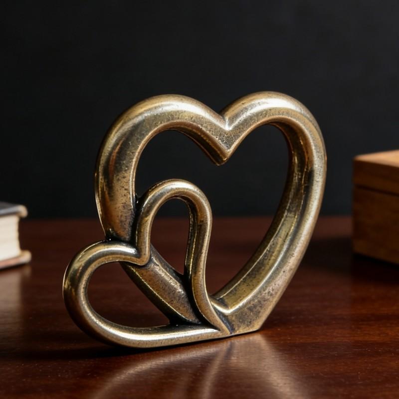 Vintage Brass Heart Fusion Ornament, European Aged Texture Heart Desktop Decor, Valentine's Day Wedding Anniversary Gift