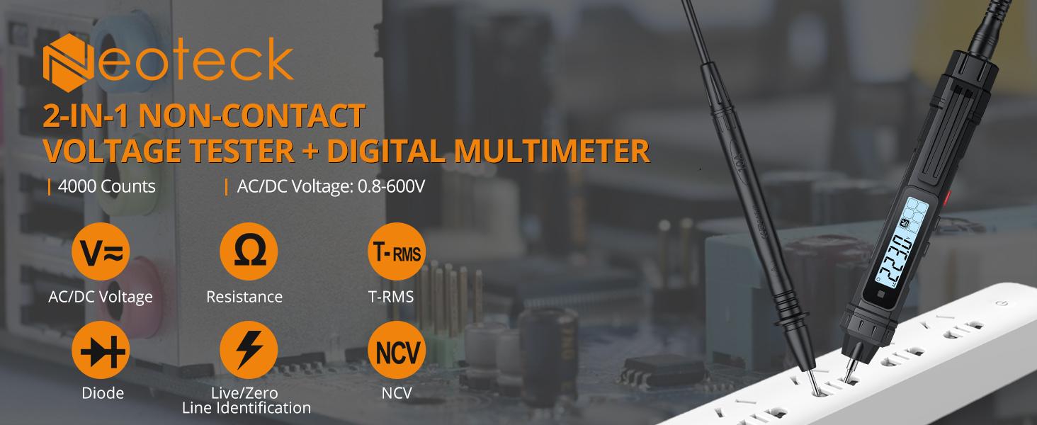 Neoteck 2 in 1 Pen Type Digital Multimeter Voltage Tester 4000 Counts Intelligent TRMS Multimeter Non-Contact Voltmeter for Testing AC/DC Voltage Resistance Continuity Capacitance Diode Live Wire