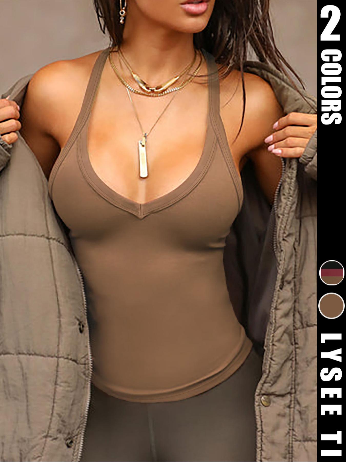 Women's Casual Fashion Sports Low Back V Neck Sexy Plain Color Fall Winter Inner Layer Sleeveless Tank Top, Sexy Style, All Seasons