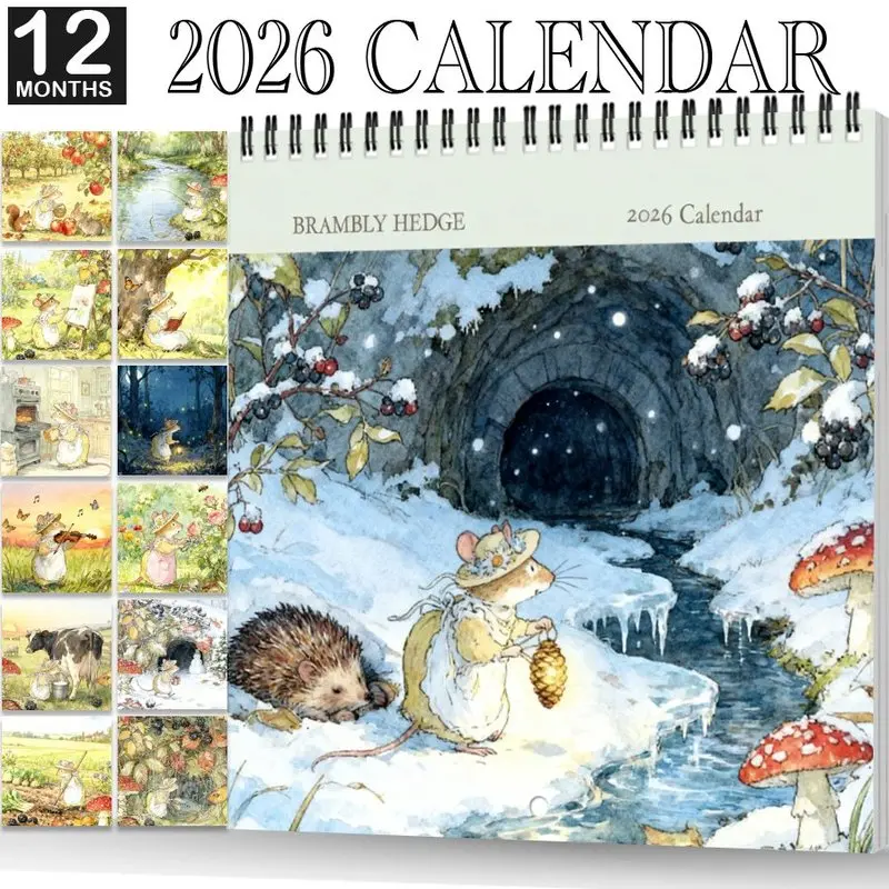1-Pack Bramble Hedge English Countryside 2026 Wall Calendar - English Wild Forest Watercolor Hedgehog, Berries, and Mushrooms Monthly Calendar, Perfect for Home or Office, Cute Aesthetic Christmas and New Year Gift