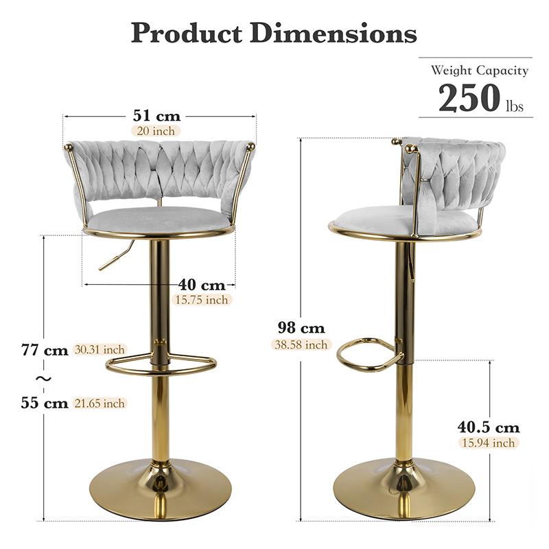 Velvet Bar Stools Set of 2, Modern Upholstered Swivel Bar Chairs with Adjustable Height and Low Back, 360° Gold Base Counter Height Stools for Kitchen Island, Bar or Pub